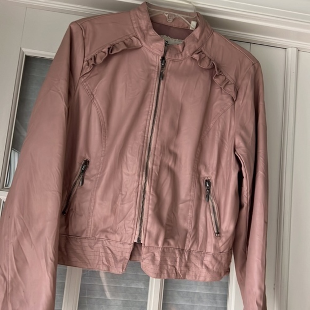 Pink Long Sleeve Faux Leather Jacket with zippered pockets and ruffle trim
